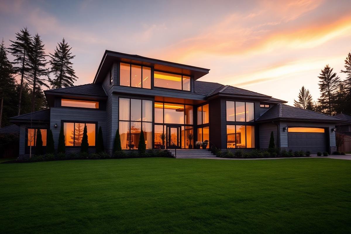 Luxury modern house at sunset